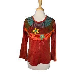 Boho Orange Embroidered Appliqué Long Sleeve Top Flower Size Medium Large *READ*